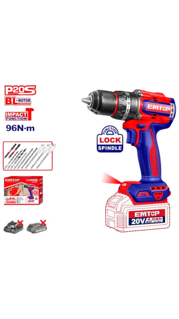 TALADRO PERCUTOR BATERÍA EMTOP 96NM
