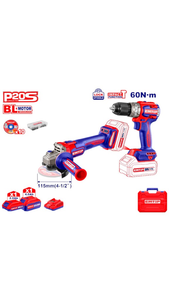 KIT AMOLADORA + TALADRO BATERÍA EMTOP